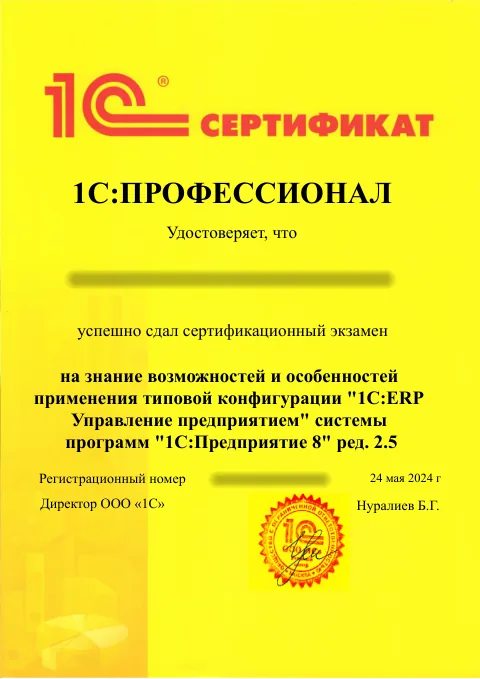 1С:Профессионал: 1С:ERP, редакция 2.5. ФИО и регистрационный номер скрыты.