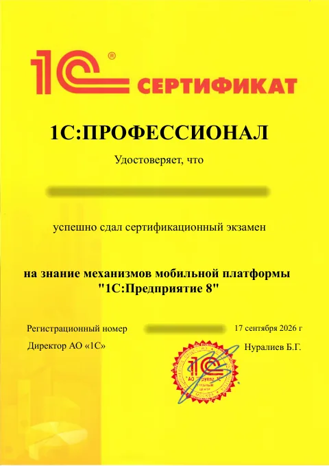 1С:Профессионал: Мобильная платформа 1С:Предприятие 8. ФИО и регистрационный номер скрыты.