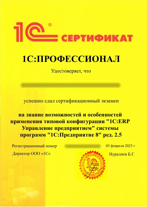 1С:Профессионал: 1С:ERP, редакция 2.5. ФИО и регистрационный номер скрыты.